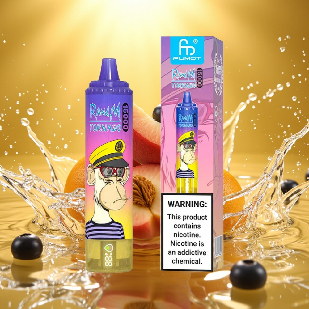 RandM Fumot Tornado 15000 Puffs 25ml 850mAh 0.9 Ohm Mesh USB-C LCD Pêssego Blueberry Doce