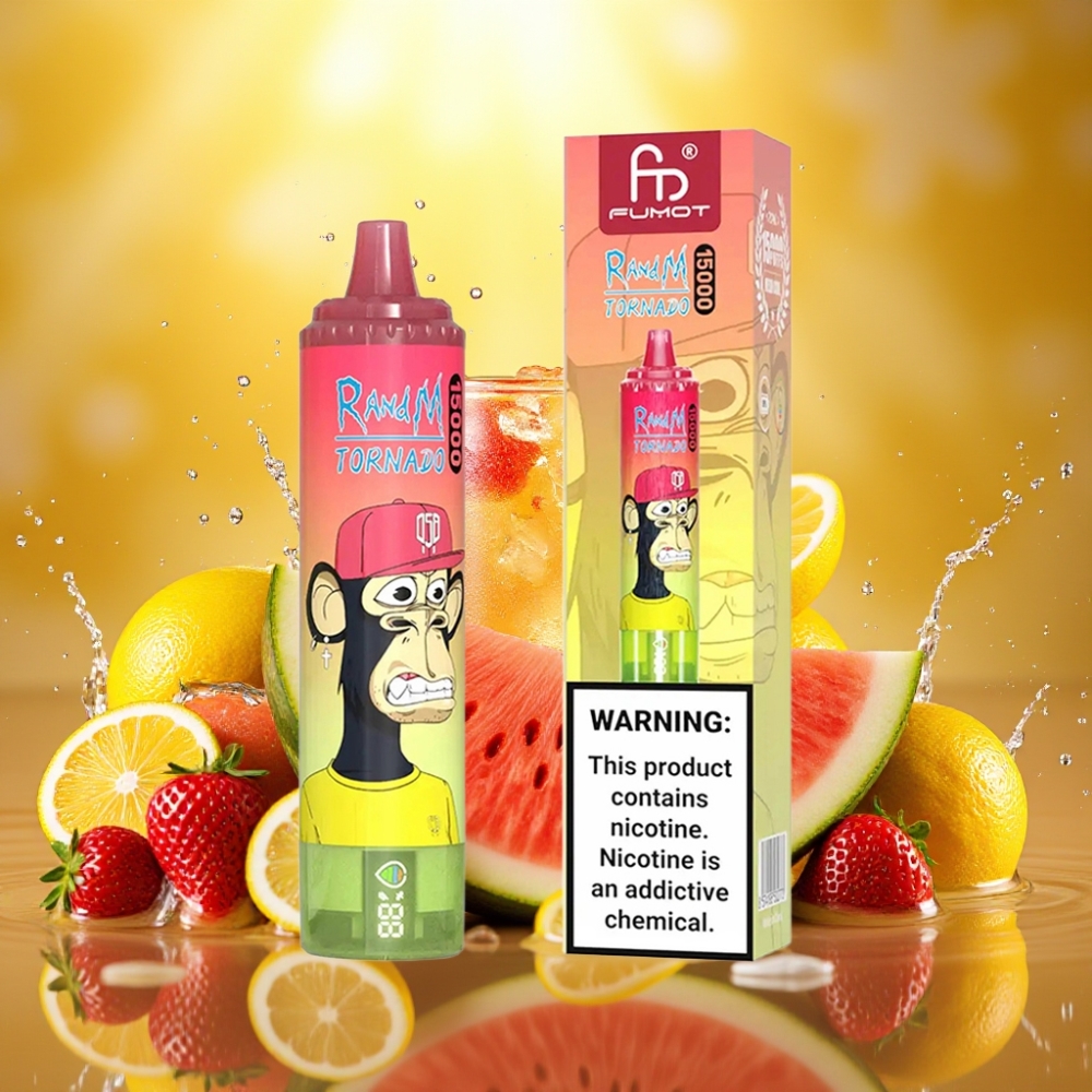 RandM Fumot Tornado 15000 Puffs 25ml 850mAh USB-C LCD Morango Melancia Limonada