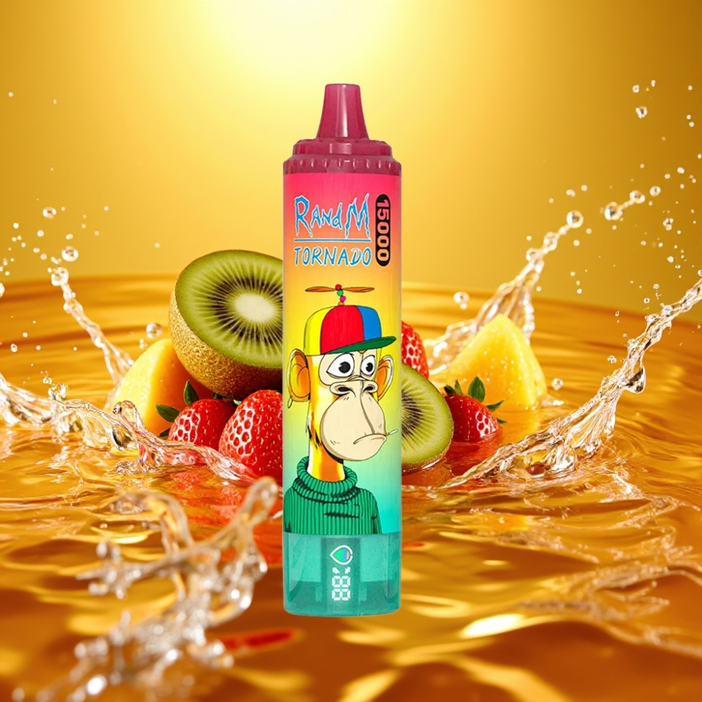 RandM Fumot Tornado 15000 Puffs 25ml LCD Tipo-C Recarregável Morango Kiwi