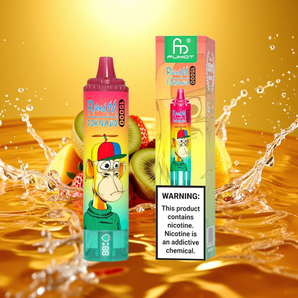 RandM Fumot Tornado 15000 Puffs 25ml LCD Tipo-C Recarregável Morango Kiwi
