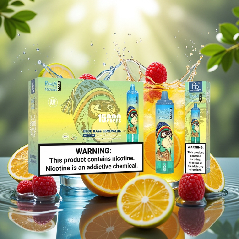 RandM Fumot Tornado 15000 Puffs LCD Tipo-C Recarregável Melaço Azul Limonada Mesh 0.9Ω