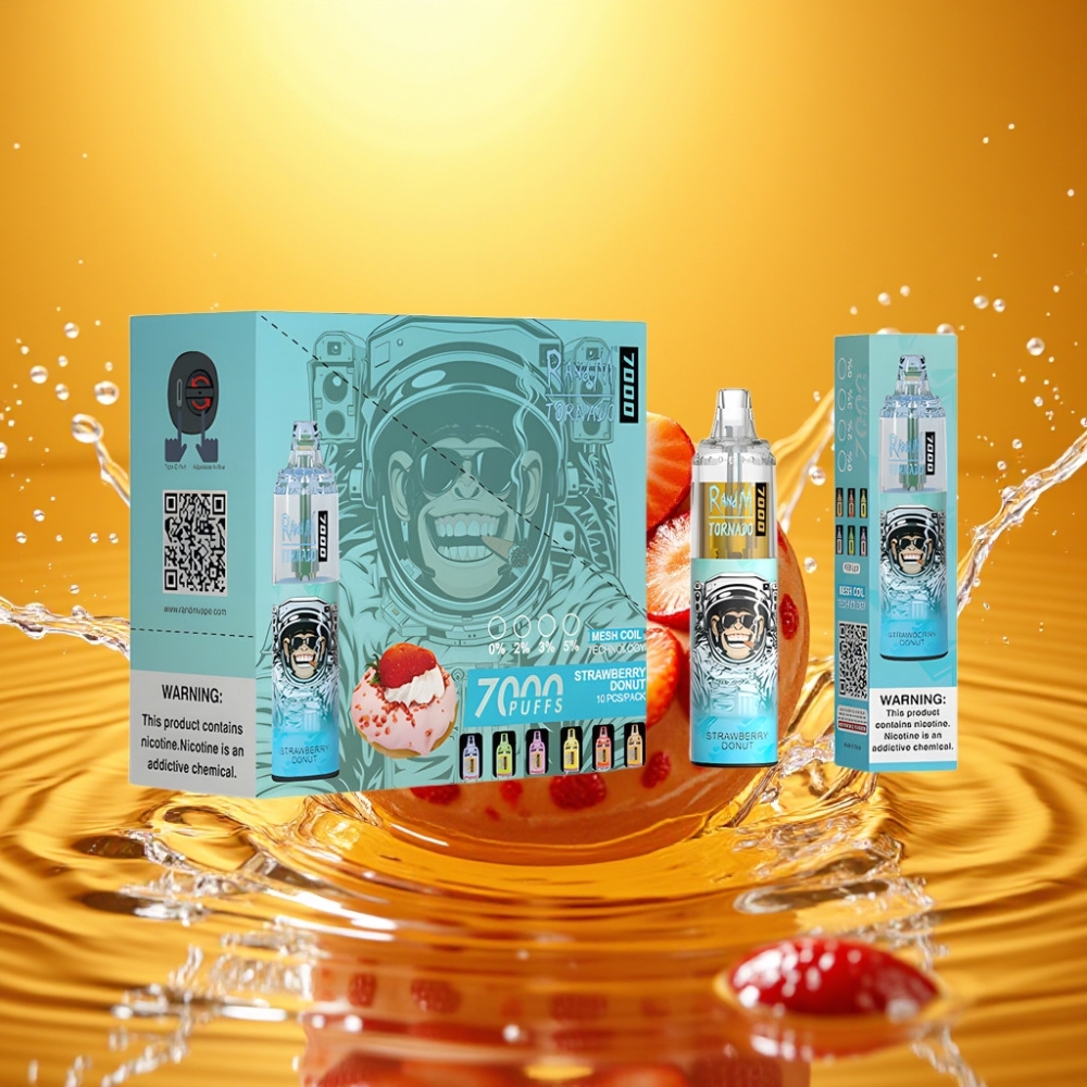 RandM Fumot Tornado 7000 Puffs 14ML 850MAH Mesh Coil Type-C RGB Light Ar-Rosquinha de Morango