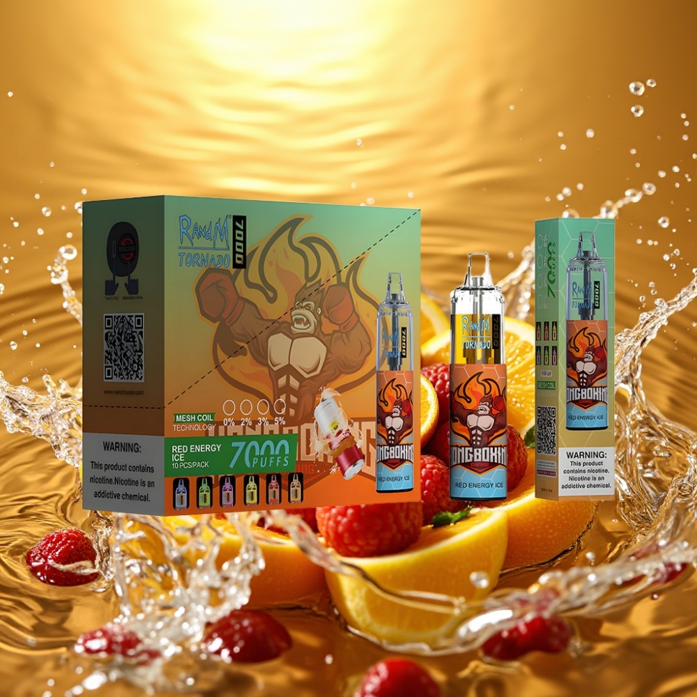 RandM Fumot Tornado 7000 Puffs 14ML 850MAH Mesh Type-C RGB Air-Adjustable Gelo Energia Vermelha