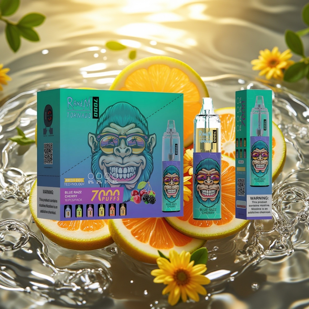RandM Fumot Tornado 7000 Puffs 14ML 850MAH Mesh Type-C RGB Air-Ajustável Blue Razz Cereja