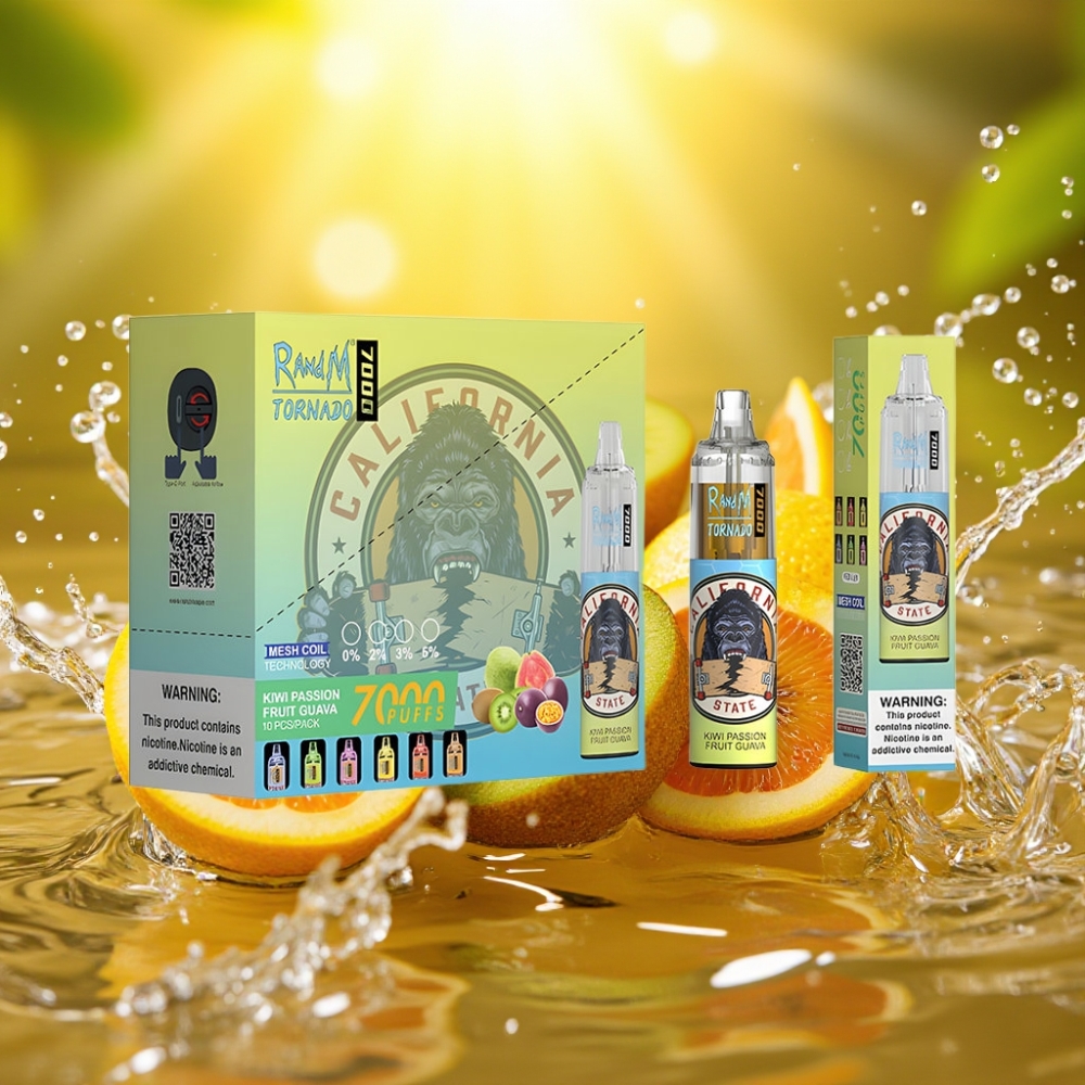 RandM Fumot Tornado 7000 Puffs 14ML 850MAH Mesh Type-C RGB Air-Ajustável Kiwi Maracujá Goiaba