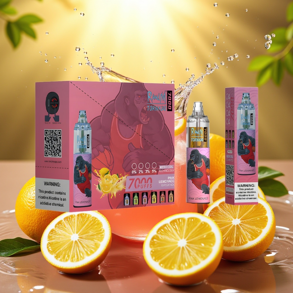 RandM Fumot Tornado 7000 Puffs 14ML 850MAH Mesh Type-C RGB Air-Ajustável Limonada Rosa
