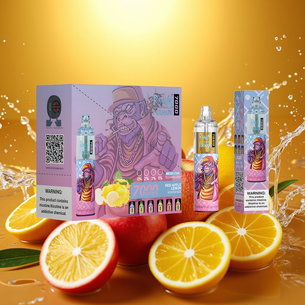 RandM Fumot Tornado 7000 Puffs 14ML 850MAH Mesh Type-C RGB Air-Ajustável Maçã Vermelha Limão