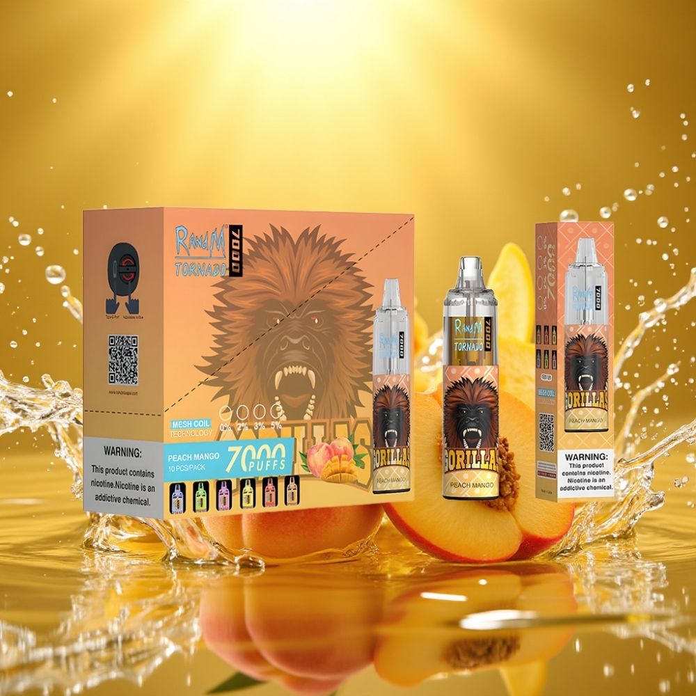 RandM Fumot Tornado 7000 Puffs 14ML 850MAH Mesh Type-C RGB Air-Ajustável Pêssego Manga