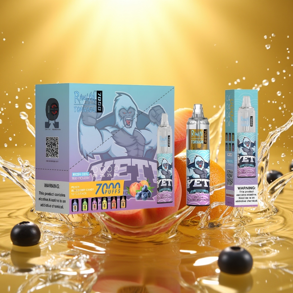 RandM Fumot Tornado 7000 Puffs 14ML 850MAH Mesh Type-C RGB Air-Ajustável Pêssego Mirtilo Doce