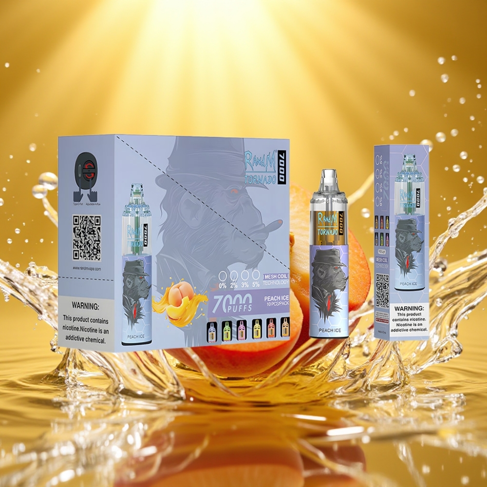 RandM Fumot Tornado 7000 Puffs 14ML 850MAH Mesh Type-C RGB Ar-Ajustável Pêssego Gelo