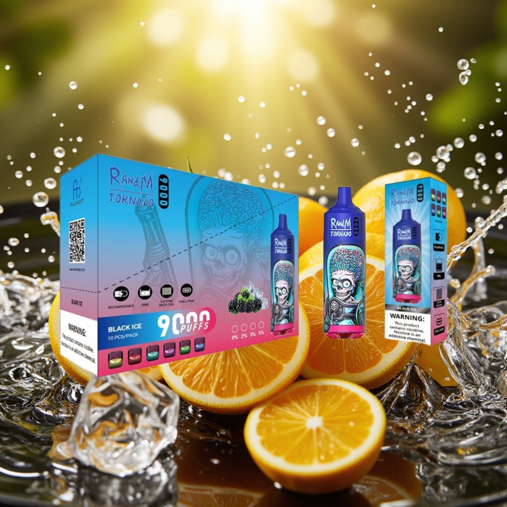 RandM Tornado 9000 Puffs 850mAh 18mL Mesh RGB 54 Sabores Gelo Negro