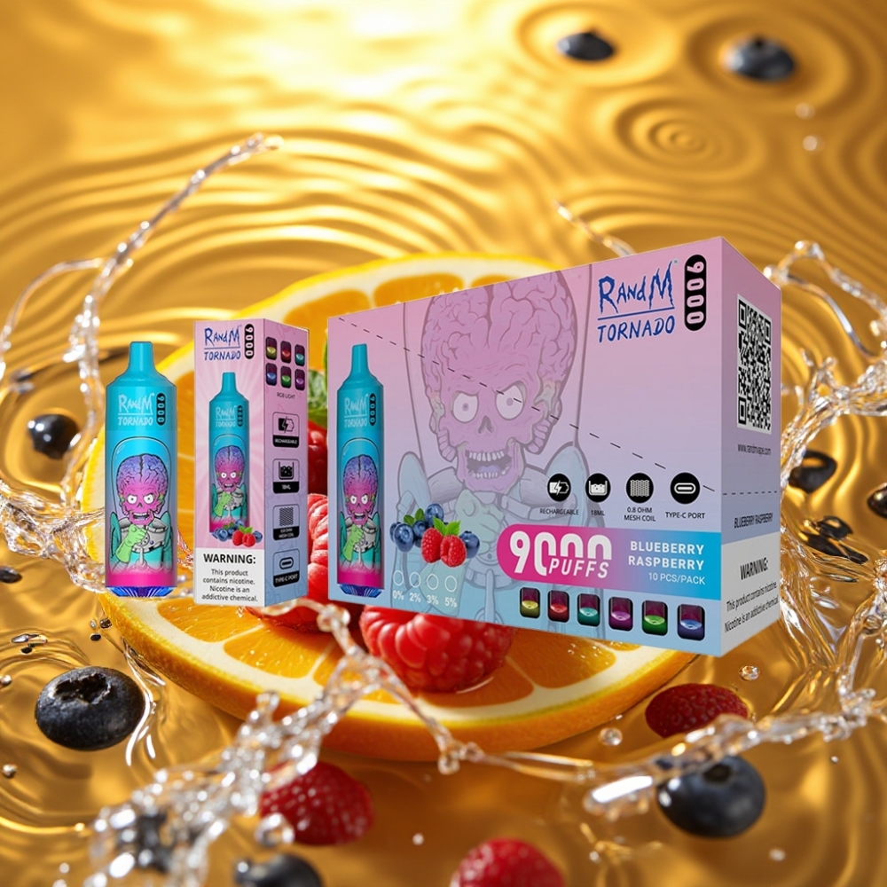 RandM Tornado 9000 Puffs 850mAh 18mL Mesh RGB 54 Sabores Mirtilo Framboesa