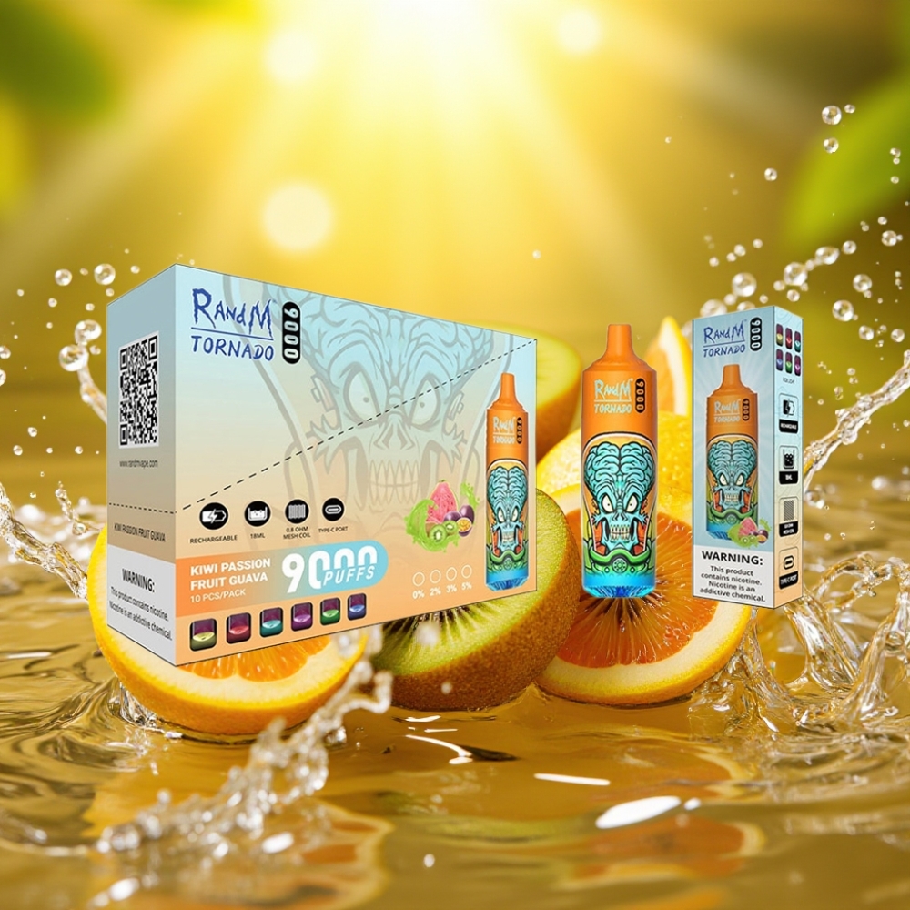 RandM Tornado 9000 Puffs 850mAh 18mL RGB Tela Mesh Sabor Kiwi Maracujá Goiaba