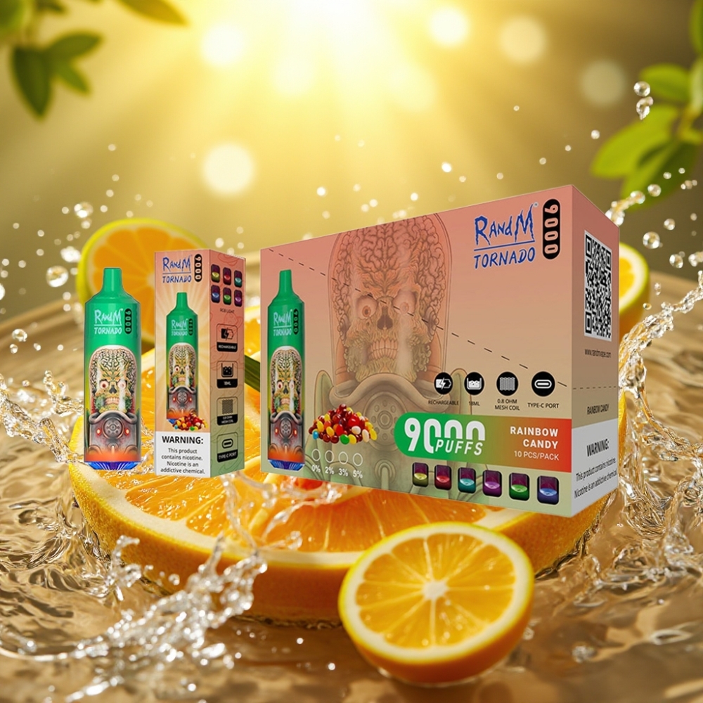 RandM Tornado 9000 Puffs Recarregável 18mL Tela RGB Doce Arco-Íris