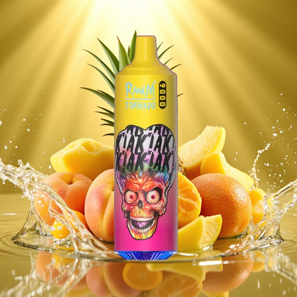 RandM Tornado 9000 Puffs Recarregável 18mL Tela RGB Malha Sabor Pêssego Manga Abacaxi