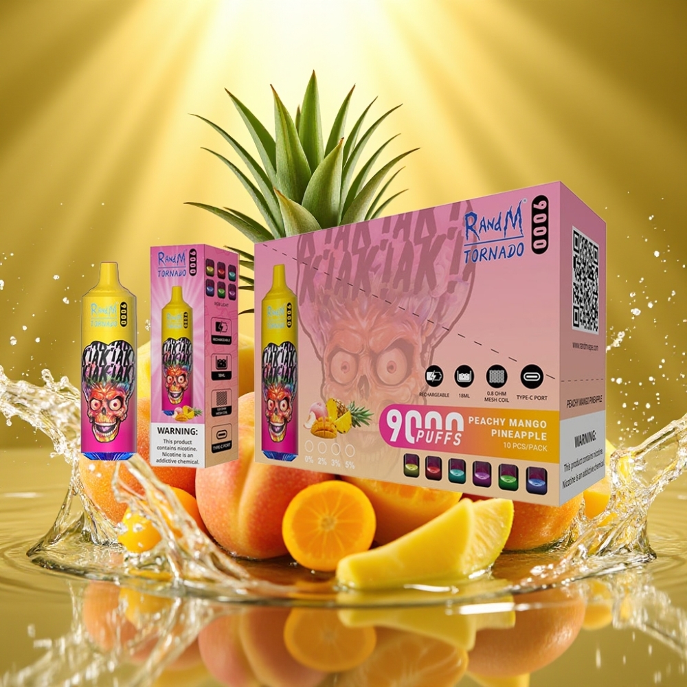 RandM Tornado 9000 Puffs Recarregável 18mL Tela RGB Malha Sabor Pêssego Manga Abacaxi