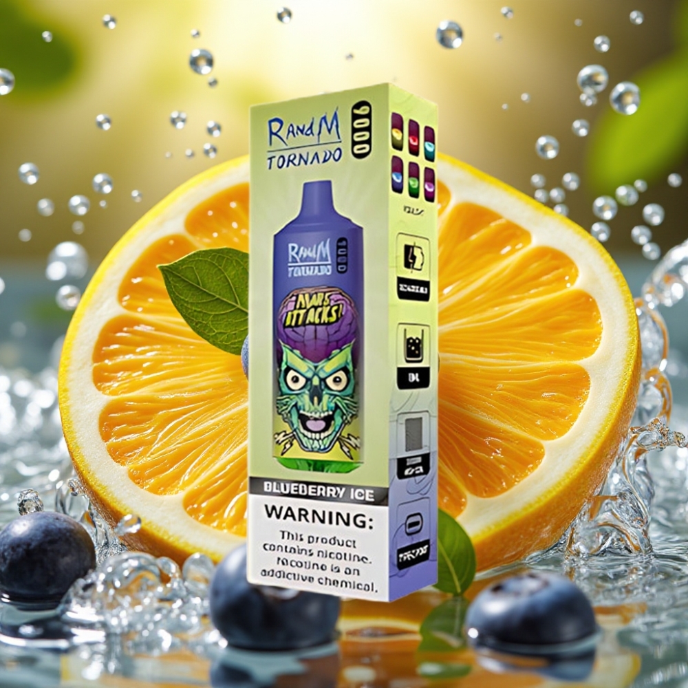 RandM Tornado 9000 Puffs Recarregável 850mAh 18mL Mesh Display RGB Sabor Mirtilo Gelo