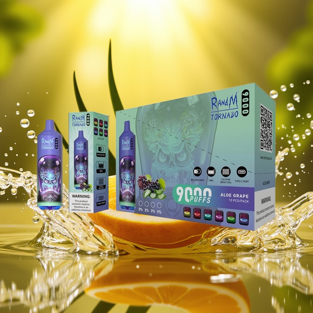 RandM Tornado 9000 Puffs Recarregável 850mAh 18mL Mesh RGB 54 Sabores Aloe Uva