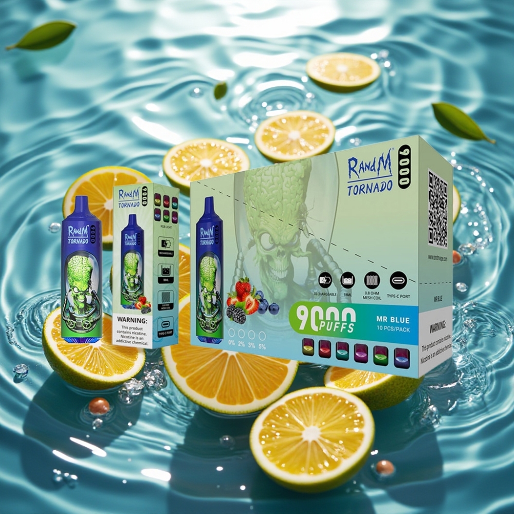 RandM Tornado 9000 Puffs Recarregável 850mAh 18mL Mesh RGB 54 Sabores Azul Doce