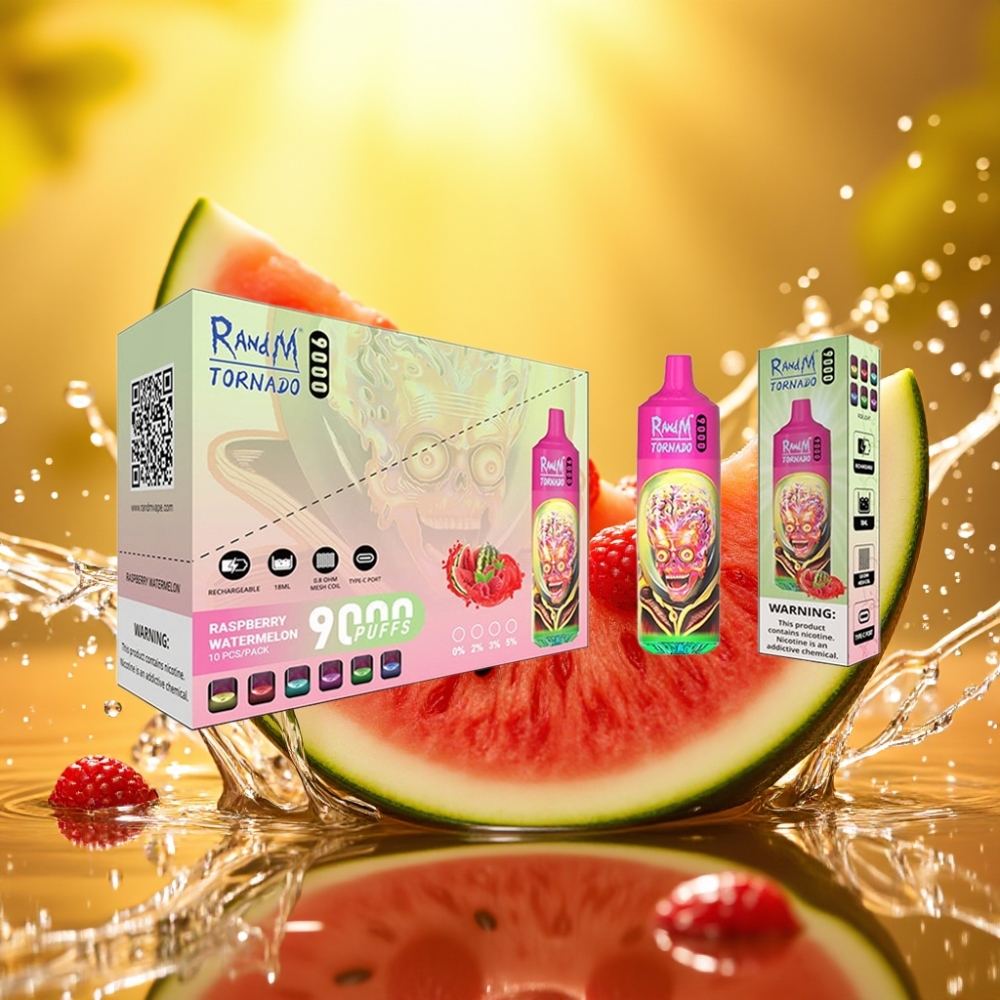 RandM Tornado 9000 Puffs Recarregável 850mAh 18mL Mesh RGB 54 Sabores Framboesa Melancia