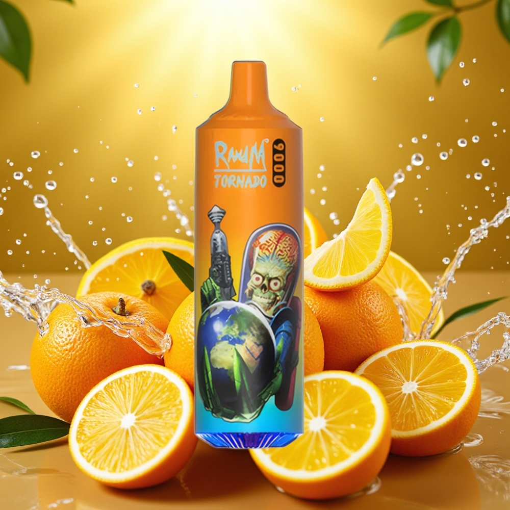 RandM Tornado 9000 Puffs Recarregável 850mAh 18mL Mesh RGB 54 Sabores Laranja Refrigerante