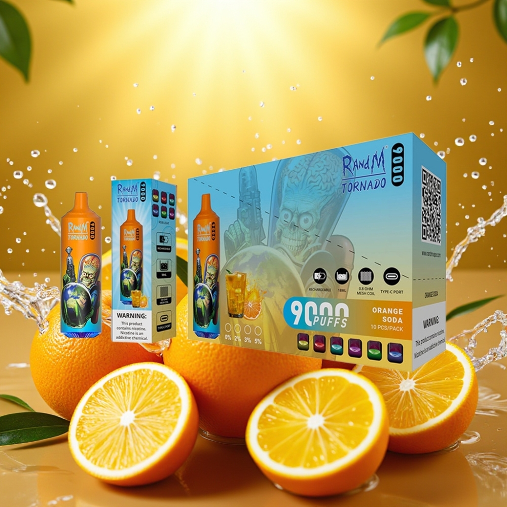 RandM Tornado 9000 Puffs Recarregável 850mAh 18mL Mesh RGB 54 Sabores Laranja Refrigerante