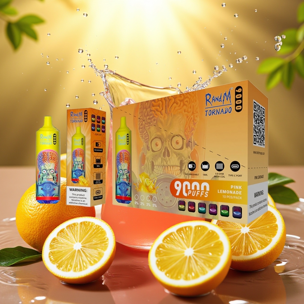 RandM Tornado 9000 Puffs Recarregável 850mAh 18mL Tela RGB Coil Mesh Limonada Rosa